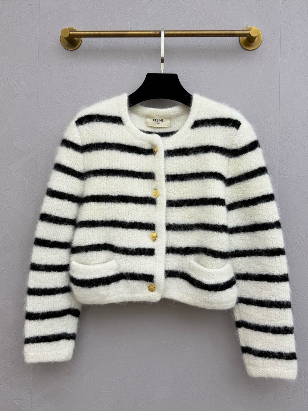 Celine Black & White Striped Teddy Cropped Jacket